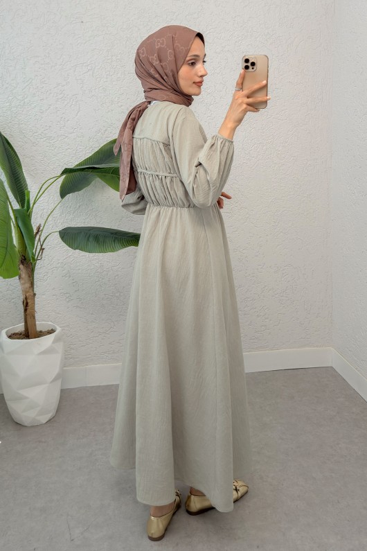 Büzgü Bağcıklı Tesettür Elbise 2319 - KOYU TAŞ