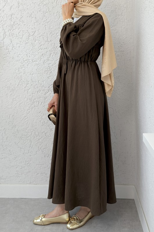 Büzgü Bağcıklı Tesettür Elbise 2319 - KAHVERENGİ