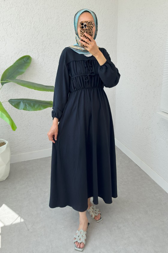 Büzgü Bağcıklı Tesettür Elbise 2319 - LACİVERT