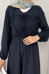 Büzgü Bağcıklı Tesettür Elbise 2319 - LACİVERT