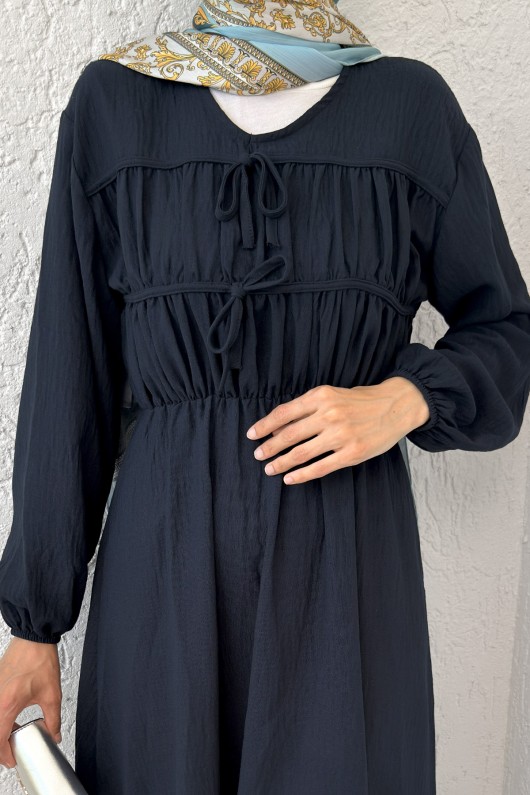 Büzgü Bağcıklı Tesettür Elbise 2319 - LACİVERT