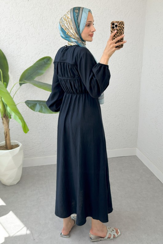 Büzgü Bağcıklı Tesettür Elbise 2319 - LACİVERT