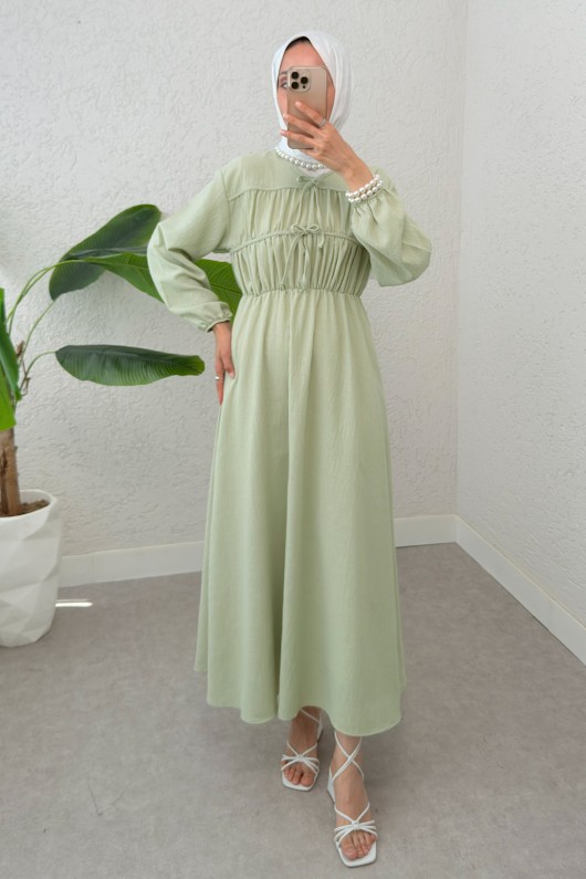 Büzgü Bağcıklı Tesettür Elbise 2319 - SU YEŞİLİ