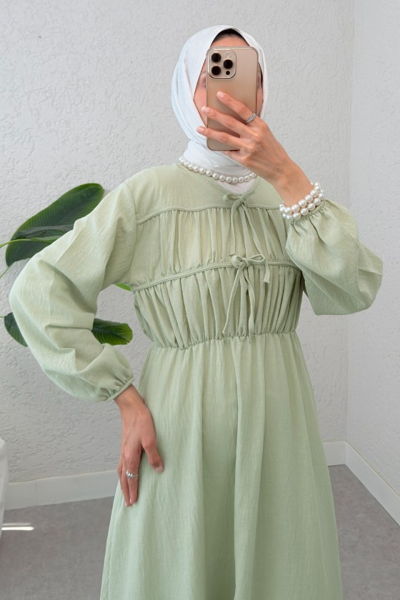 Büzgü Bağcıklı Tesettür Elbise 2319 - SU YEŞİLİ Büzgü Bağcıklı Tesettür Elbise 2319 - SU YEŞİLİ