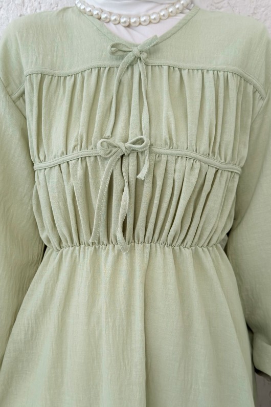 Büzgü Bağcıklı Tesettür Elbise 2319 - SU YEŞİLİ