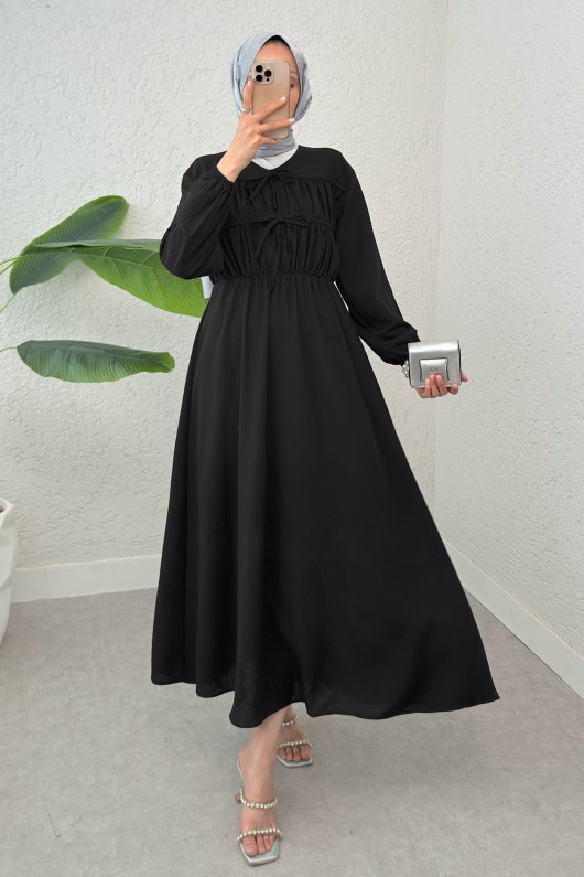 Büzgü Bağcıklı Tesettür Elbise 2319 - SİYAH