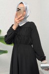 Büzgü Bağcıklı Tesettür Elbise 2319 - SİYAH
