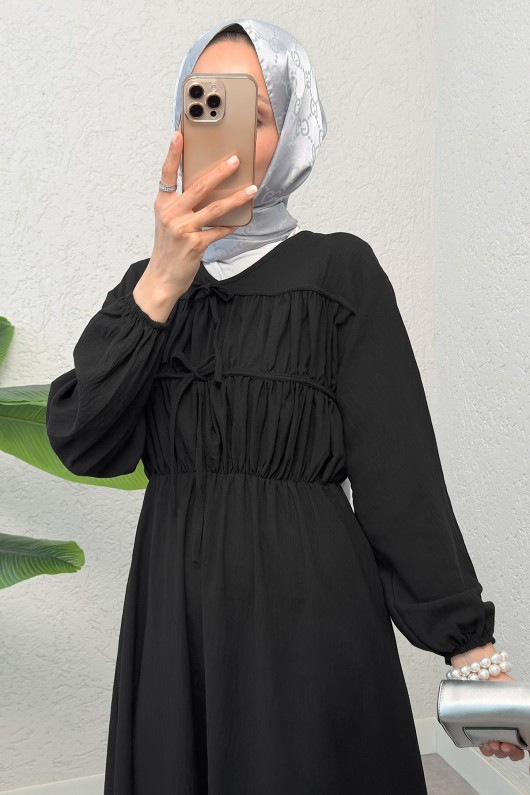 Büzgü Bağcıklı Tesettür Elbise 2319 - SİYAH