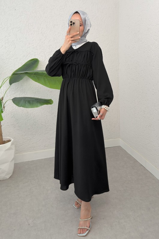 Büzgü Bağcıklı Tesettür Elbise 2319 - SİYAH