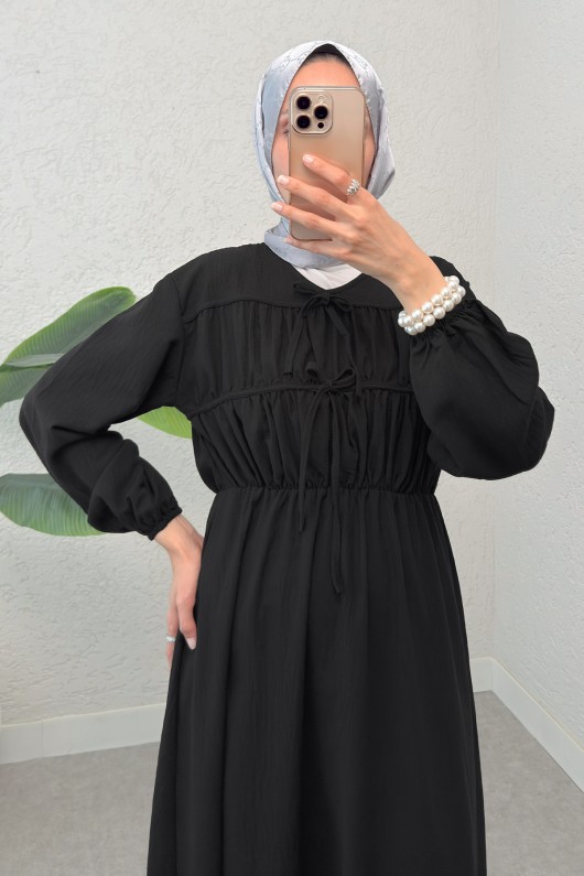Büzgü Bağcıklı Tesettür Elbise 2319 - SİYAH