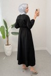 Büzgü Bağcıklı Tesettür Elbise 2319 - SİYAH