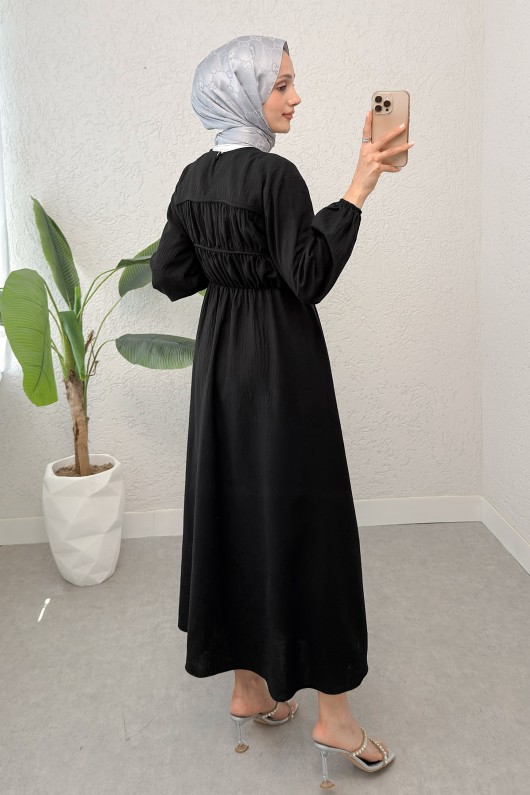 Büzgü Bağcıklı Tesettür Elbise 2319 - SİYAH