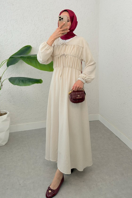 Büzgü Bağcıklı Tesettür Elbise 2319 - TAŞ RENGİ