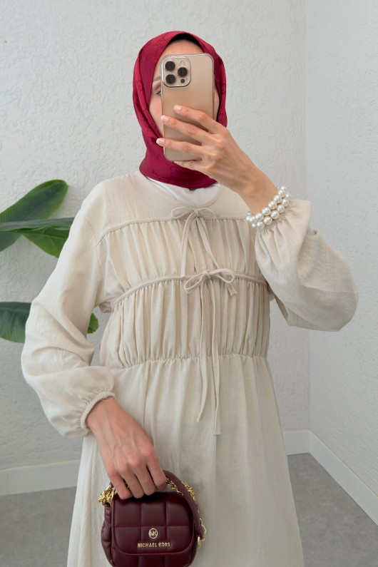 Büzgü Bağcıklı Tesettür Elbise 2319 - TAŞ RENGİ