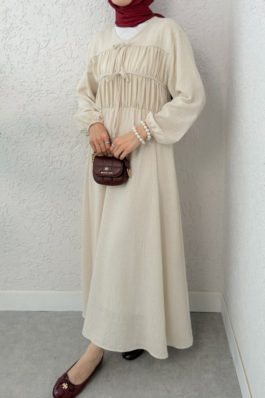 Büzgü Bağcıklı Tesettür Elbise 2319 - TAŞ RENGİ