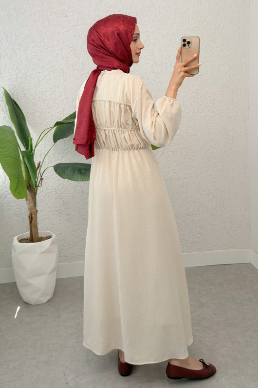 Büzgü Bağcıklı Tesettür Elbise 2319 - TAŞ RENGİ