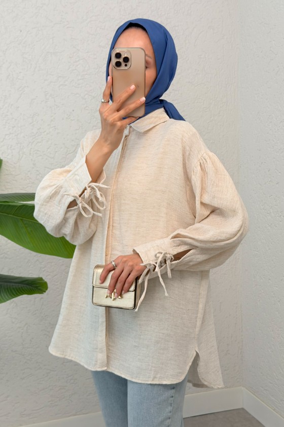 Manşet Bağcıklı Keten Gömlek 2320 - BEJ