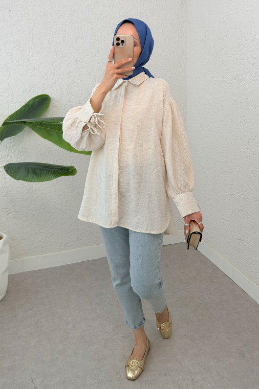 Manşet Bağcıklı Keten Gömlek 2320 - BEJ