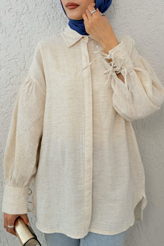 Manşet Bağcıklı Keten Gömlek 2320 - BEJ