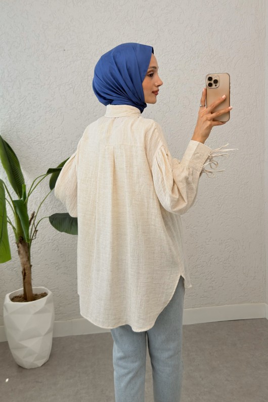 Manşet Bağcıklı Keten Gömlek 2320 - BEJ