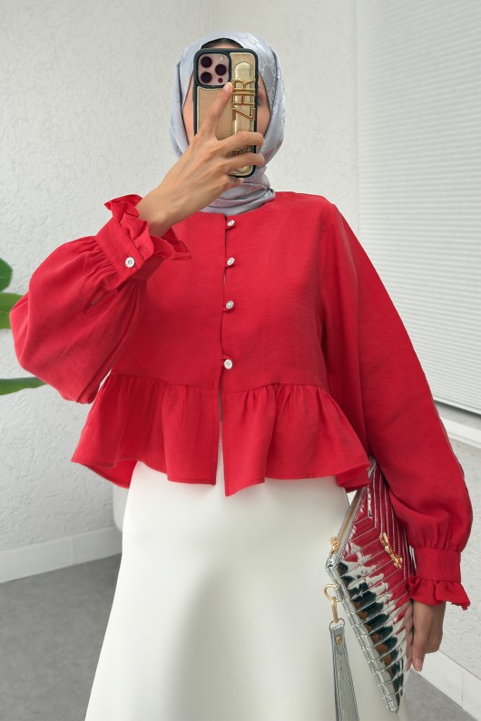 Eteği Fırfırlı Gömlek 2321 - KIRMIZI