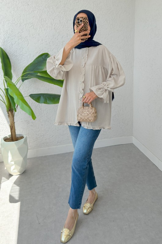 Nervürlü Fırfırlı Tunik 2322 - BEJ