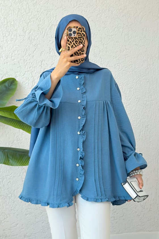 Nervürlü Fırfırlı Tunik 2322 - İNDİGO