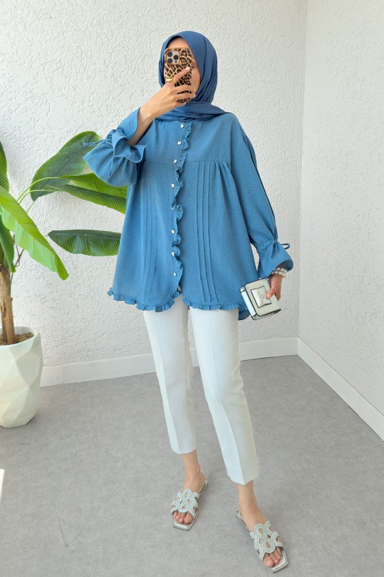 Nervürlü Fırfırlı Tunik 2322 - İNDİGO Nervürlü Fırfırlı Tunik 2322 - İNDİGO