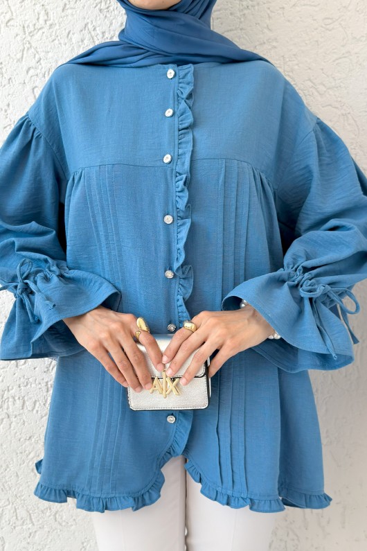 Nervürlü Fırfırlı Tunik 2322 - İNDİGO