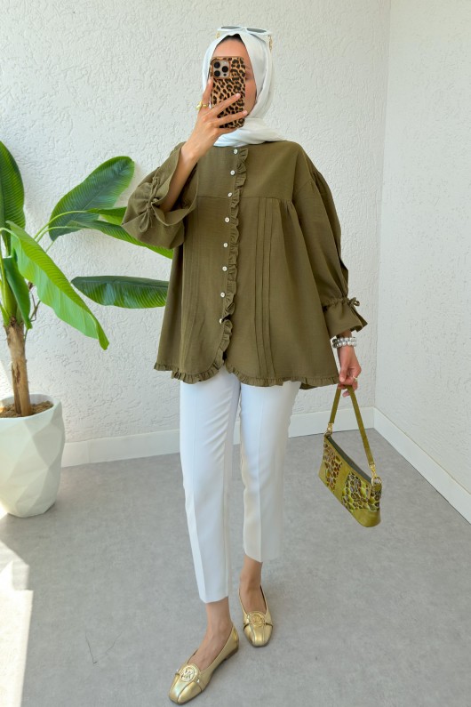 Nervürlü Fırfırlı Tunik 2322 - KOYU HAKİ