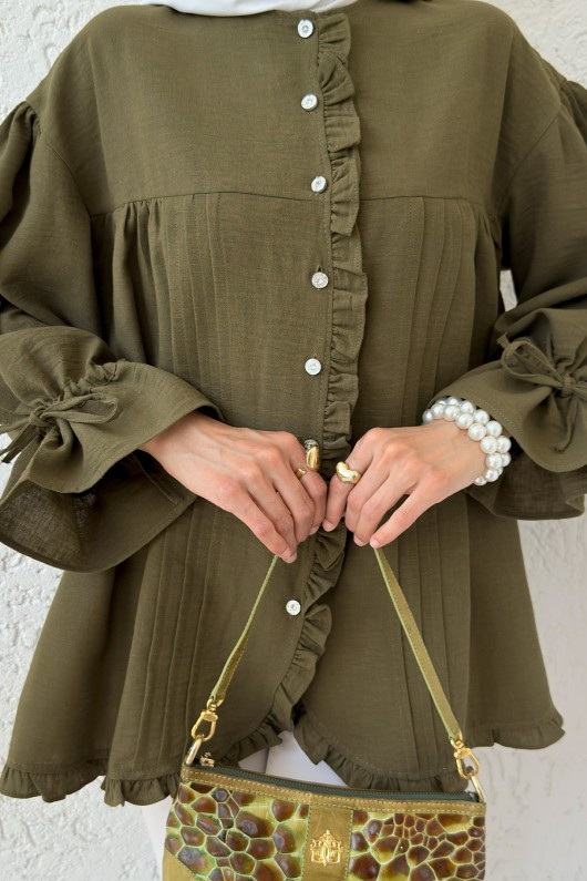 Nervürlü Fırfırlı Tunik 2322 - KOYU HAKİ