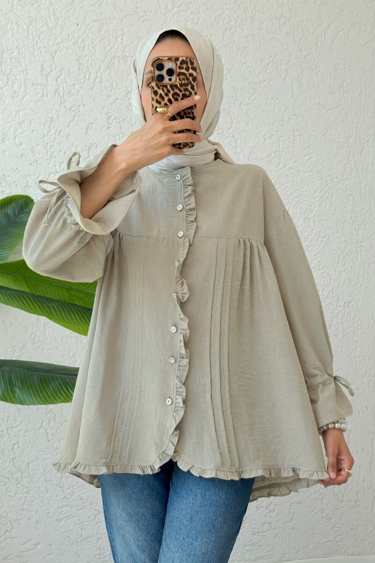 Nervürlü Fırfırlı Tunik 2322 - KOYU TAŞ