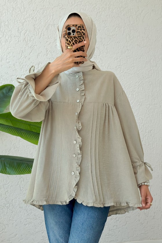 Nervürlü Fırfırlı Tunik 2322 - KOYU TAŞ