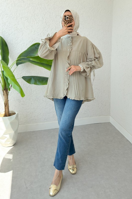 Nervürlü Fırfırlı Tunik 2322 - KOYU TAŞ