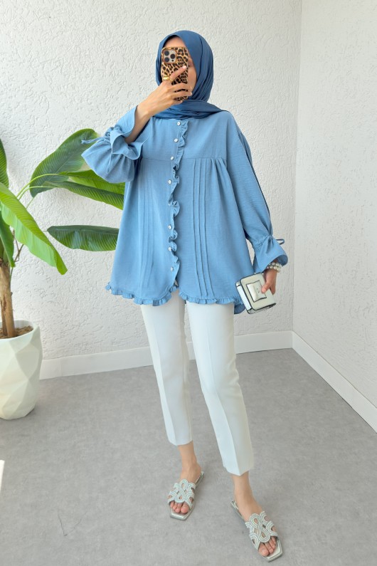 Nervürlü Fırfırlı Tunik 2322 - MAVİ