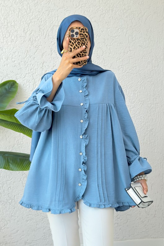 Nervürlü Fırfırlı Tunik 2322 - MAVİ