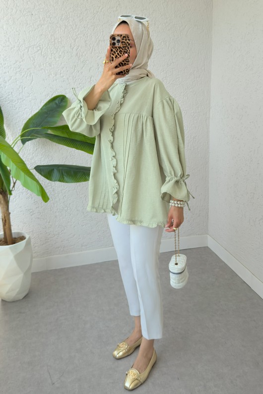 Nervürlü Fırfırlı Tunik 2322 - SU YEŞİLİ