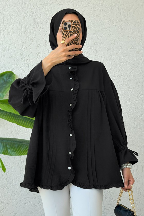 Nervürlü Fırfırlı Tunik 2322 - SİYAH