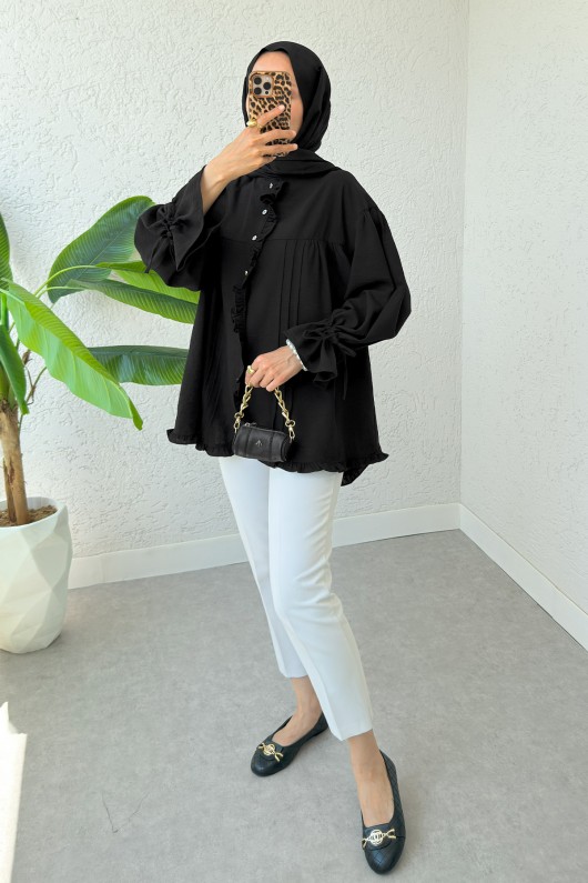 Nervürlü Fırfırlı Tunik 2322 - SİYAH