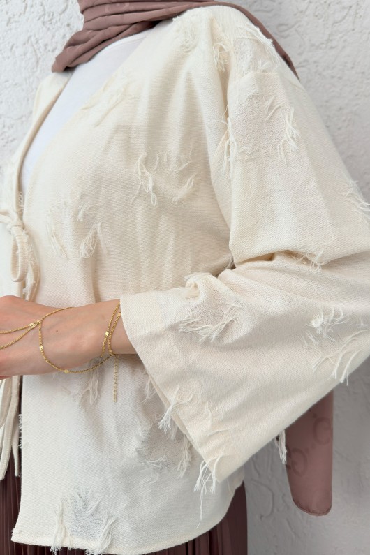 İp Bağcıklı Püsküllü Kimono 2324 - TAŞ RENGİ