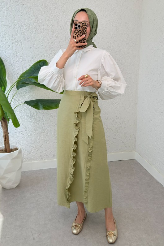 Asimetrik Fırfırlı Etek 2325 - AÇIK HAKİ