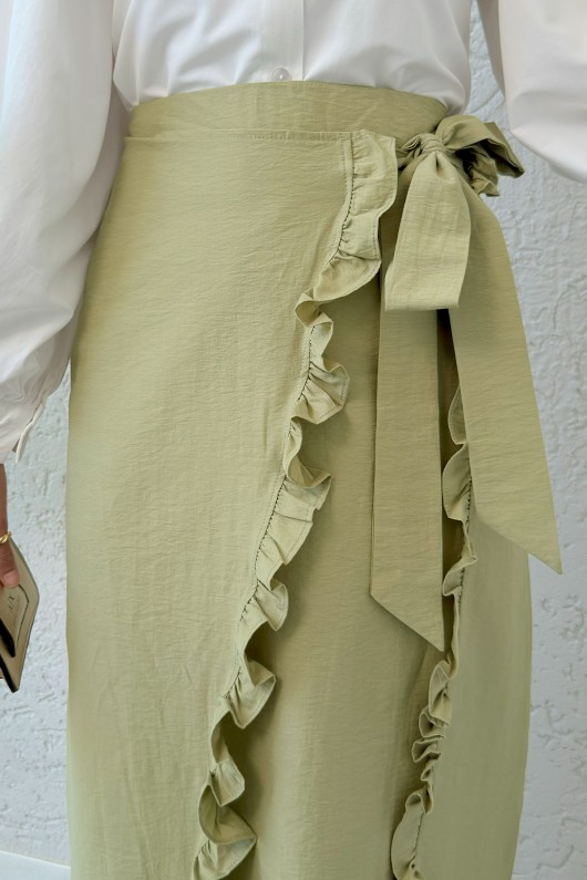 Asimetrik Fırfırlı Etek 2325 - AÇIK HAKİ