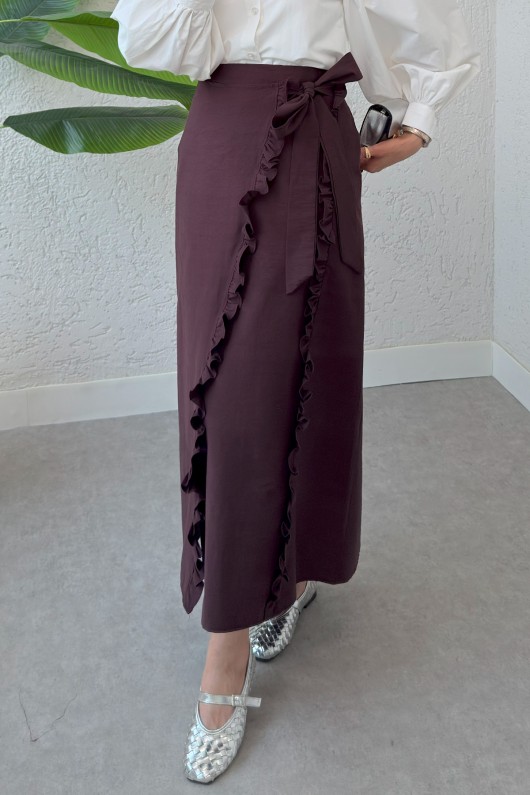 Asimetrik Fırfırlı Etek 2325 - VİŞNE ÇÜRÜĞÜ