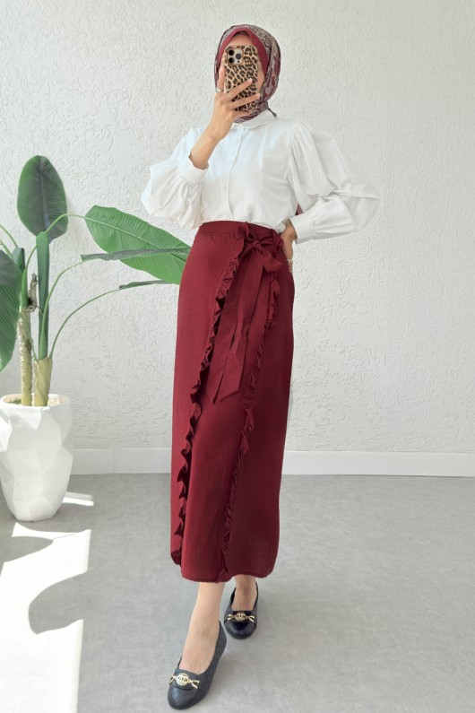 Asimetrik Fırfırlı Etek 2325 - BORDO