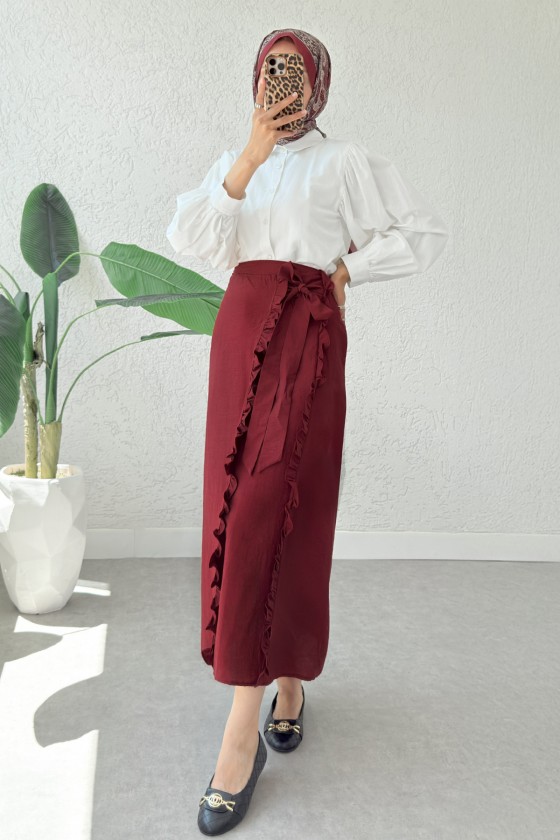 Asimetrik Fırfırlı Etek 2325 - BORDO