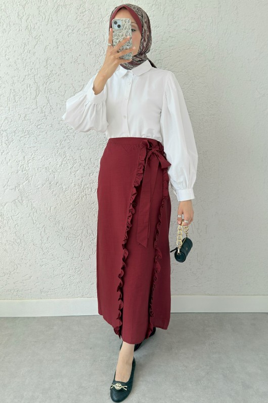 Asimetrik Fırfırlı Etek 2325 - BORDO