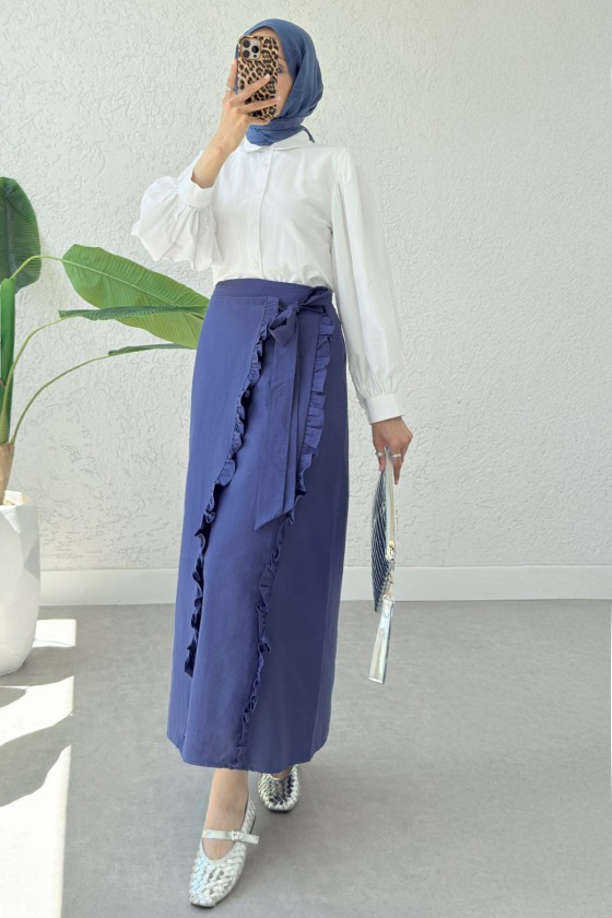 Asimetrik Fırfırlı Etek 2325 - İNDİGO