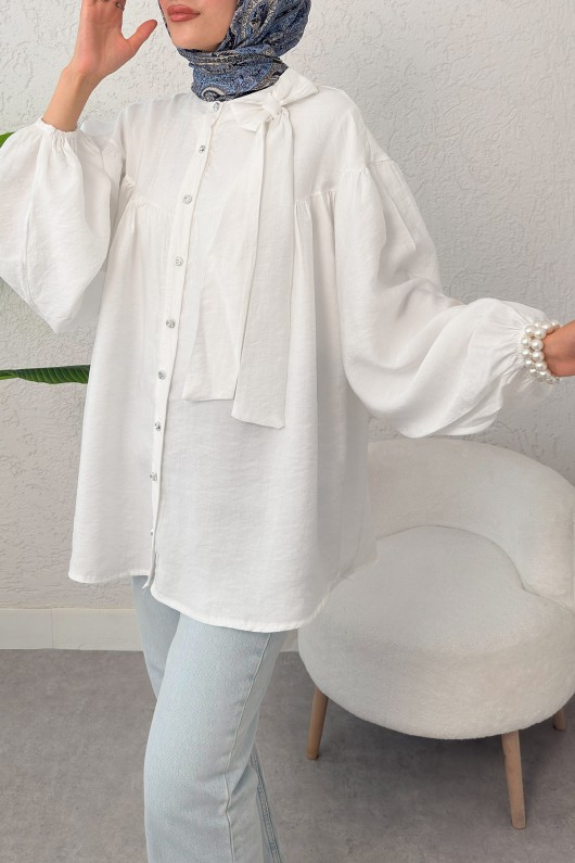 Omuz Fiyonklu Tunik 2327 - BEYAZ