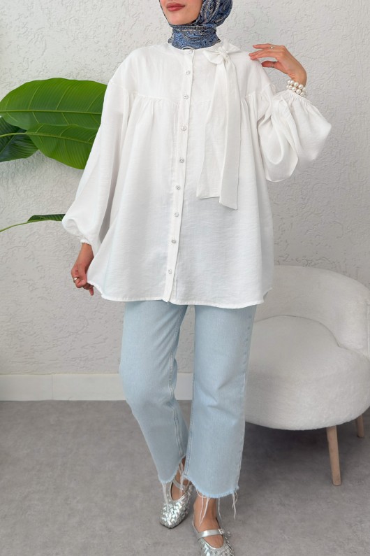Omuz Fiyonklu Tunik 2327 - BEYAZ