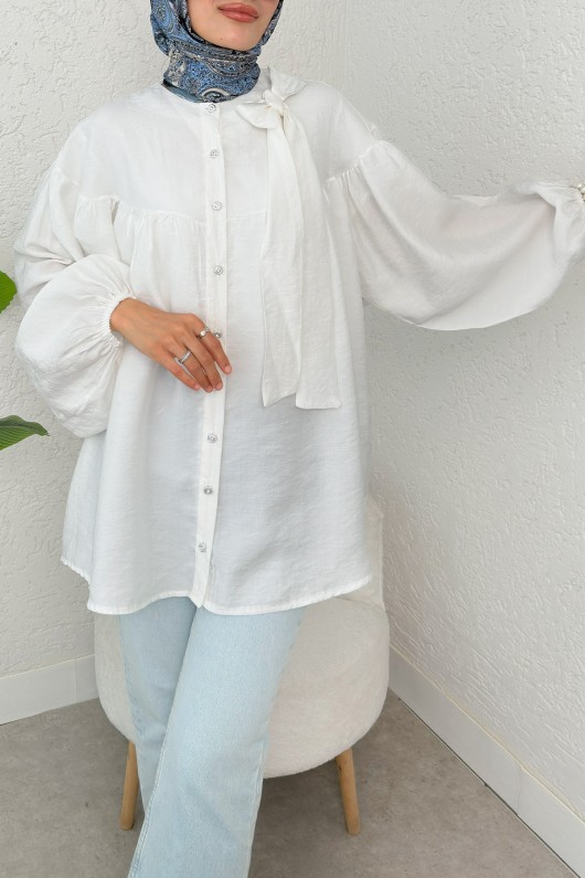 Omuz Fiyonklu Tunik 2327 - BEYAZ